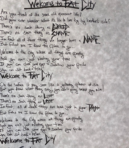 WELCOME TO FAT CITY Hand Written Lyric Sheets!